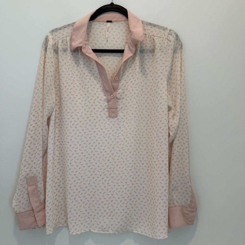 Free People White & Pink Horse Print Button Up Long Sleeve Sheer Blouse XS